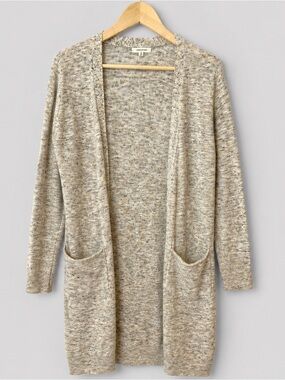 Max Studio Marled Longline Open Front Cardigan Sweater Neutral Oatmeal
